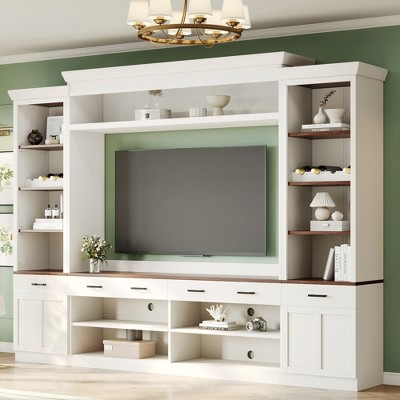 TIRAMISUBEST Black/White Farmhouse Entertainment Wall Unit Set for TVs Up to 70", Versatile TV Stand Cabinet with Wine Rack