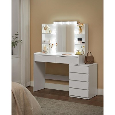 Modern Vanity Desk with LED Lights & Mirror, Makeup Dressing Table with 6 Drawers & 4 Shelves, Adjustable Lighting