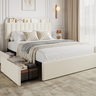 Queen Bed Frame with Bookcase Headboard, Kids Bed Frame with 2 Drawers, Boucle Upholstered Platform Bed, No Box Spring Needed, Easy Assembly, White