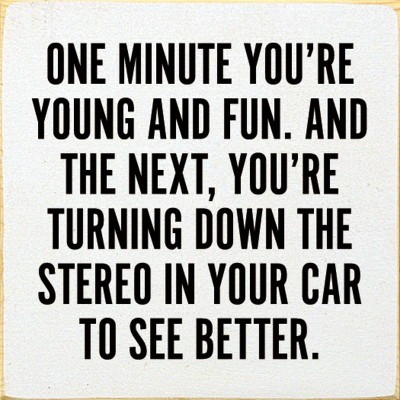 Slickblue Funny Aging Quote Wall Sign – “Turn Down Stereo to See” – Rustic 7x7 Wood Decor, Color Options