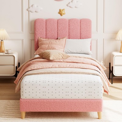 Twin/Twin XL Bed Frame, Boucle Upholstered Platform Bed with Wave Headboard for Girls/Kids, No Box Spring Needed