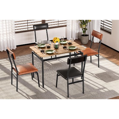 5-Piece Dining Table Set, Wood Table & 4 PU Chairs, Industrial Metal Frame