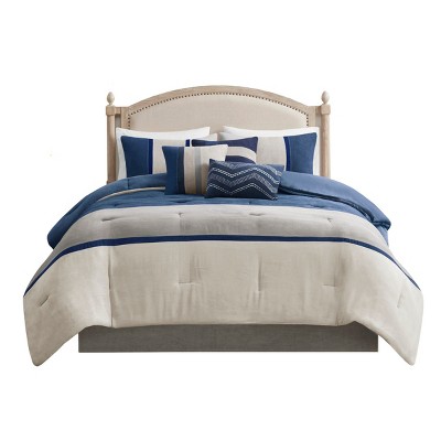 Gulches Palisades 7 Piece Blue Heather Gray Charcoal Colorblock Faux Suede King Comforter Set