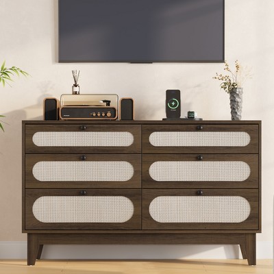 Coucheta 6 Rattan Drawer Dresser , with USB Ports and Outlets, 6 Chests of Drawers Storage for Bedroom, Living Room,Hallway,Bedside,Dining Room
