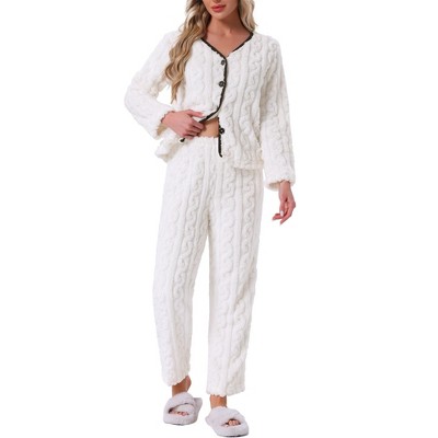 INSPIRE CHIC Womens Flannel Pajama Set Long Sleeve Button Down V Neck Fuzzy Fleece Pants Plush Loungewear