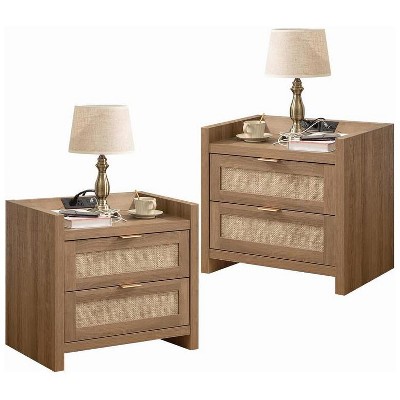 Nightstands Set of 2, Rattan Night Stand, Bedside Tables with 2 Drawers, End Tables for Bedroom Living Room and