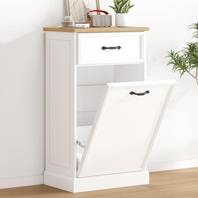 10 Gallon Single Trash Cabinet Tilt Out - White Freestanding Garbage Bin Storage for Kitchen, Dining Room, Living Room