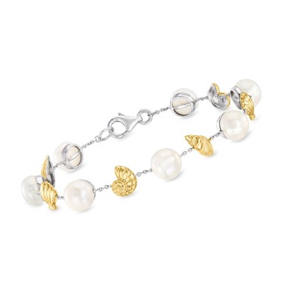Ross-Simons 8-8.5mm Cultured Pearl Seashell Bracelet in Sterling Silver and 18kt Gold Over Sterling Size 7