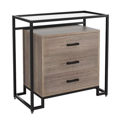 3-Drawer Dresser with Tempered Glass Top Shelves, Wooden Dresser with Black Steel Frame, Coffee