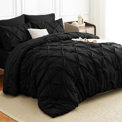 7-Piece Queen Bed-in-a-Bag - Black Luxury Pintuck Pleat Comforter Set with Sheets & Pillow Shams