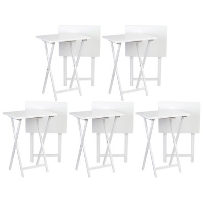 PJ Wood Conventional Solid and Sturdy Wood Construction Portable Folding TV Snack Tray Table Desk Serving Stand, White (10-Piece Set)