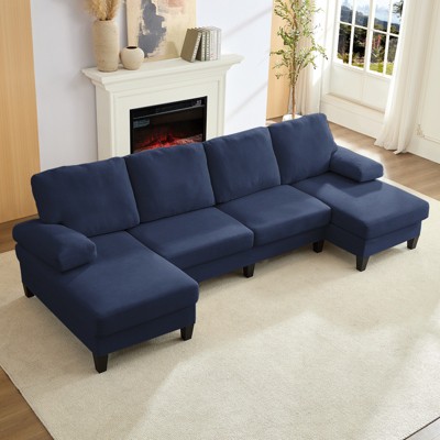 Mjkone 110"Velvet U-Shaped Sectional Sofa Couches, Upholstered 4-Seater Sofa with Double Chaises and Sleepable Armrests