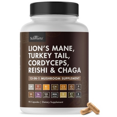 13in1 Mushroom Complex Supplement, Organic Lions Mane, Reishi, Turkey Tail, Cordyceps & more for Energy, Focus & Memory Support, Bioschwartz, 90ct