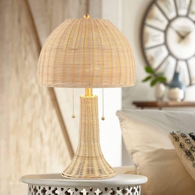 22" LED Joanie Rustic Iron Table Lamp Natural/Brass: Wicker Shade, Silk Cord - JONATHAN Y