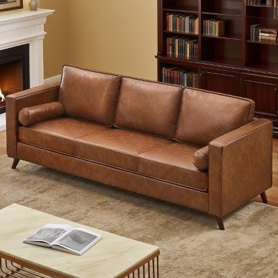 81" Faux Leather Sofa, Mid Century Modern Deep Seat Couch, Upholstered Cushion&Removable Cover, Brown PU Couch, 3 Seat Sofa for Living Room, Office