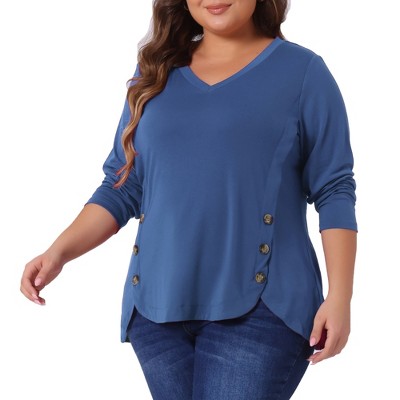 Women's Plus Size Long Sleeve V Neck Loose Fashion Buttons Tunic Blouse - Agnes Orinda