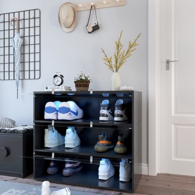 KWPZQEB Shoe Storage Boxes Organizers, Wooden Stackable with Light & Glass Door, Shoe Rack Toy Storage Organizer Bins for Entryway