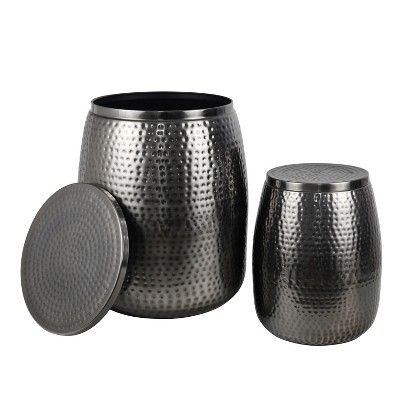happimess Merida Modern Rustic Hammered Metal Drum Storage Side Table with Lid
