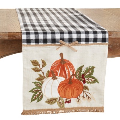 Saro Lifestyle Embroidered Pumpkins Design Plaid Table Runner, Black, 16" x 70"