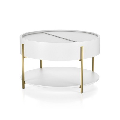 32" Lenvine Modern Round Storage Coffee Table White - miBasics: Gold-Plated Iron Legs, Smooth Finish