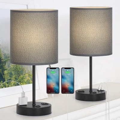 Oumilen 16" Black Metal Table Lamp with Gray Shade, USB Ports and AC Outlet, Set of 2