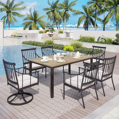 Captiva Designs 7pc Patio Wood-look Slat-top Steel Table with Umbrella Hole & Stylish Cushioned Arm Metal Chairs