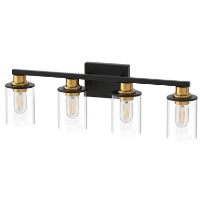 DORESshop 27 in. 4 Light Bathroom Vanity Light, Modern Black and Gold Bathroom Lights Fixtures Over Mirror with Clear Glass Shade