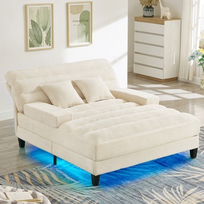 Upholstered Chaise Lounge with 6-gear Adjustable Backrest, Lazy Sleeper Sofa Bed Leisure Reading Couch with 2 Pillows & LED - ModernLuxe