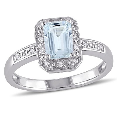 EVERLY JEWELRY | Sterling Silver 0.06 CT Diamond TW And 1 CT TGW Aquamarine Halo Ring