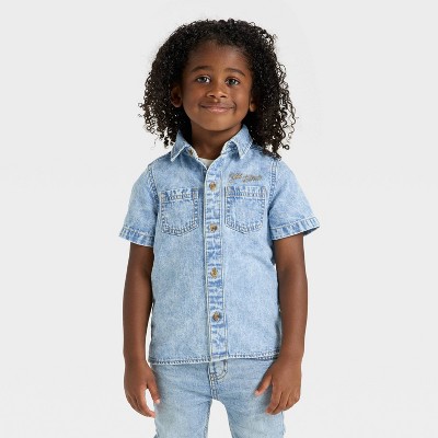 Toddler Boys' Short Sleeve Embroidered Denim Button-Up Shirt - Cat & Jack™ Medium Wash
