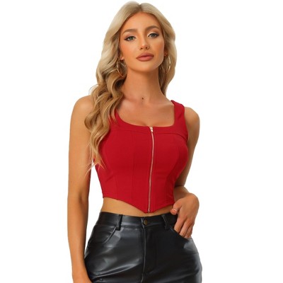 INSPIRE CHIC Women's Square Neck Asymmetrical Hem Zip Front Crop Tank Tops