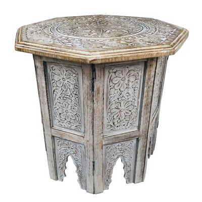The Urban Port 18" Handcrafted Farmhouse Side Table Engraved Carved Design Mango Wood Octagonal Top Brown