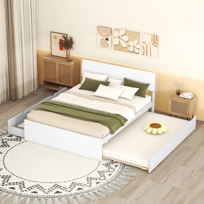 KWPZQEB Full Bed Frame With Twin Size Trundle & 2 Large Drawers, Mid Century Platform Bed Frame with Headboard, No Box Spring Required, Easy Assembly