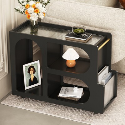 KTMBDW Sofa Side Table, End Table with Open Storage Compartments and 4 Wheels, Mobile Tables with Storage Basket and Round Rod for Living Room Bedroom