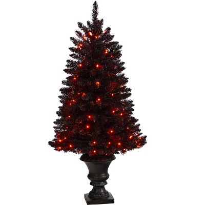 Nearly Natural 4-ft Black Halloween Artificial Christmas Tree in Urn with 100 Orange LED Lights