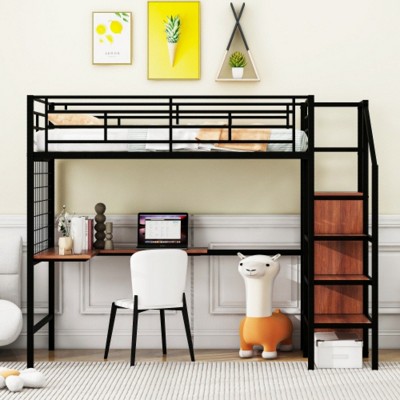 Stylish Metal Frame Twin Size Loft Bed with Desk, Metal Grid, Lateral Storage Ladder, and Wardrobe
