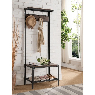 Kings Brand Furniture 3-in-1 Hall Tree with Coat Rack, Shoe Bench & Storage Shelf – Entryway Organizer with 9 Hooks, Black/Walnut, Easy Assembly