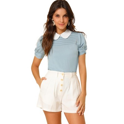 INSPIRE CHIC Women's Vintage Peter Pan Collar Contrast Puff Short Sleeve Blouse