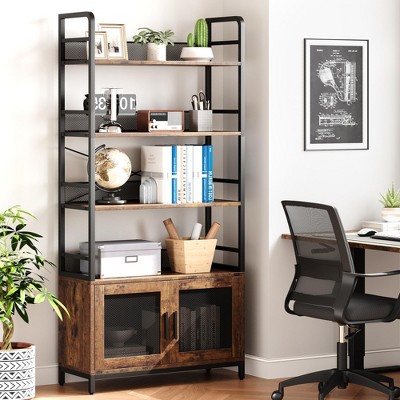 Bookshelf with Doors Industrial Bookcase w/4 Tiers Open Storage Shelf 70.87" Tall Bookshelves Rustic Display Rack Cabinet for Bedroom, Brown