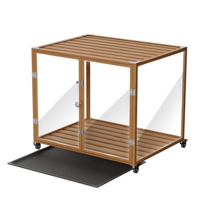 Artloge Modern Extra Large Heavy Duty Dog Crate Tempered Glass Brown Pet Cage with Anti-Rust Aluminum Frame Lockable Casters & Spacious Interior,M