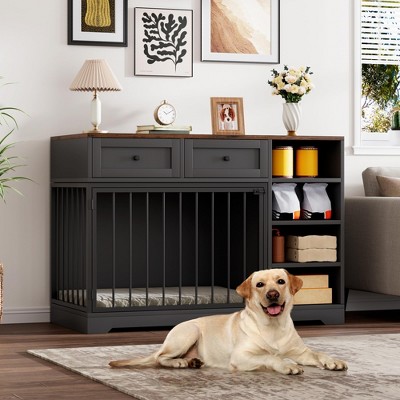 Whizmax 47" Dog Crate Furniture - Wooden TV Stand Kennel with 2 Drawers & 4 Shelves, Decorative Storage Cabinet for Large Dogs, Indoor Pet Cage