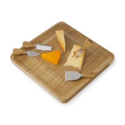 Twine Bamboo Cheese Board and Knife Set, Cheese Knife Set with Storage Drawer, Cheese Charcuterie, 13"x13"x1.4", Set of 4