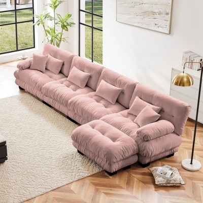 Oversized 173.2" Chenille Modular L-Shaped Sectional Sofa with Bolster Armrests and Ottomans, 5-Piece Free combination Sofa