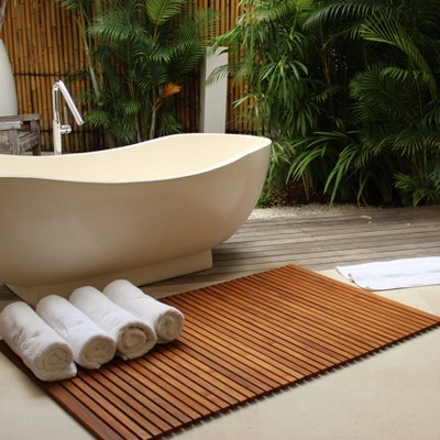 Nordic Teak 59" x 35" Extra Large Oiled Shower and Bath String Mat with Rubber Footing - Brown