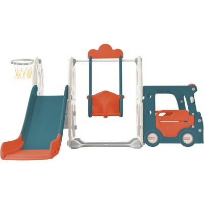Garvee Kids Swing Slide Set with Bus Play, Freestanding Climber Slide Playset with Basketball Hoop for Boys Girls Birthday Christamas Gift