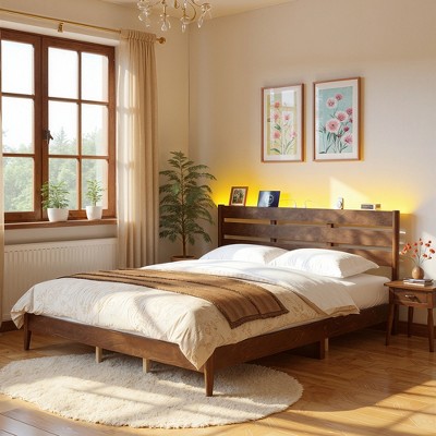 King Platform Bed Frame with LED Headboard & Charging Station, Mid-Century Modern Style, No Box Spring Needed