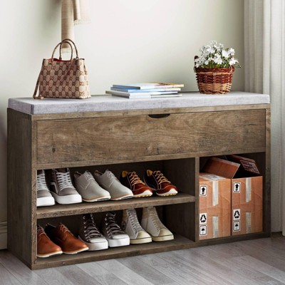 GustoWave Shoe Storage Bench, Entryway Bench with a Cushioned Seat, and 2 Tiers of Shelves, Shoe Bench with Lift Top Storage Box for Organizing Shoes