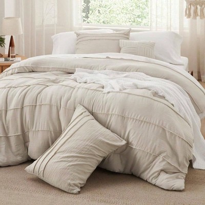 Queen Comforter Set, 4 - Piece Beige Boho Bedding with Pinch Pleat, Includes 1 Comforter, 2 Pillowcases, 1 Decorative Pillow