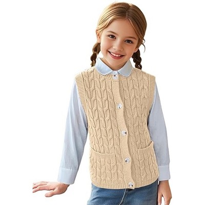 Clearlove Girls’ Sleeveless Cable Knit Buttoned Vest with Lightweight Open Cardigan and Round Neck Sweater Vest with Pockets
