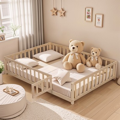 NicBex Full Size Wood Montessori Bed Frame with Safety Guardrails,Floor Bed Frame with Door for Kids,Modern Toddler Bed for Bedroom